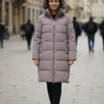 Удлиненный женский пуховик с капюшоном в цвете «Благородный Тауп»