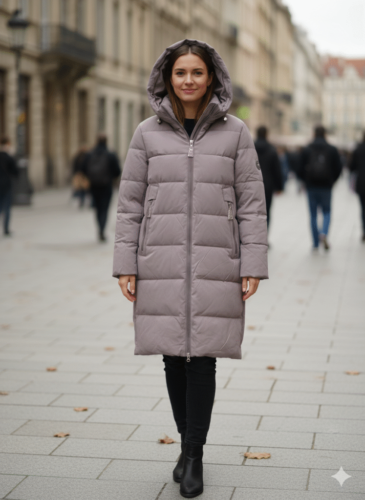 Удлиненный женский пуховик с капюшоном в цвет...